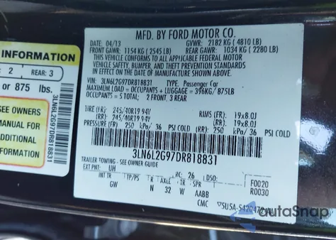 2013 Lincoln Mkz из США, поврежденный, VIN 3LN6L2G97DR818831